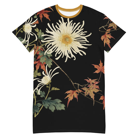 The Spirit of Flowers in Twelve Months｜Blooming Chrysanthemum and Maple Leaves｜T-shirt dress｜Black