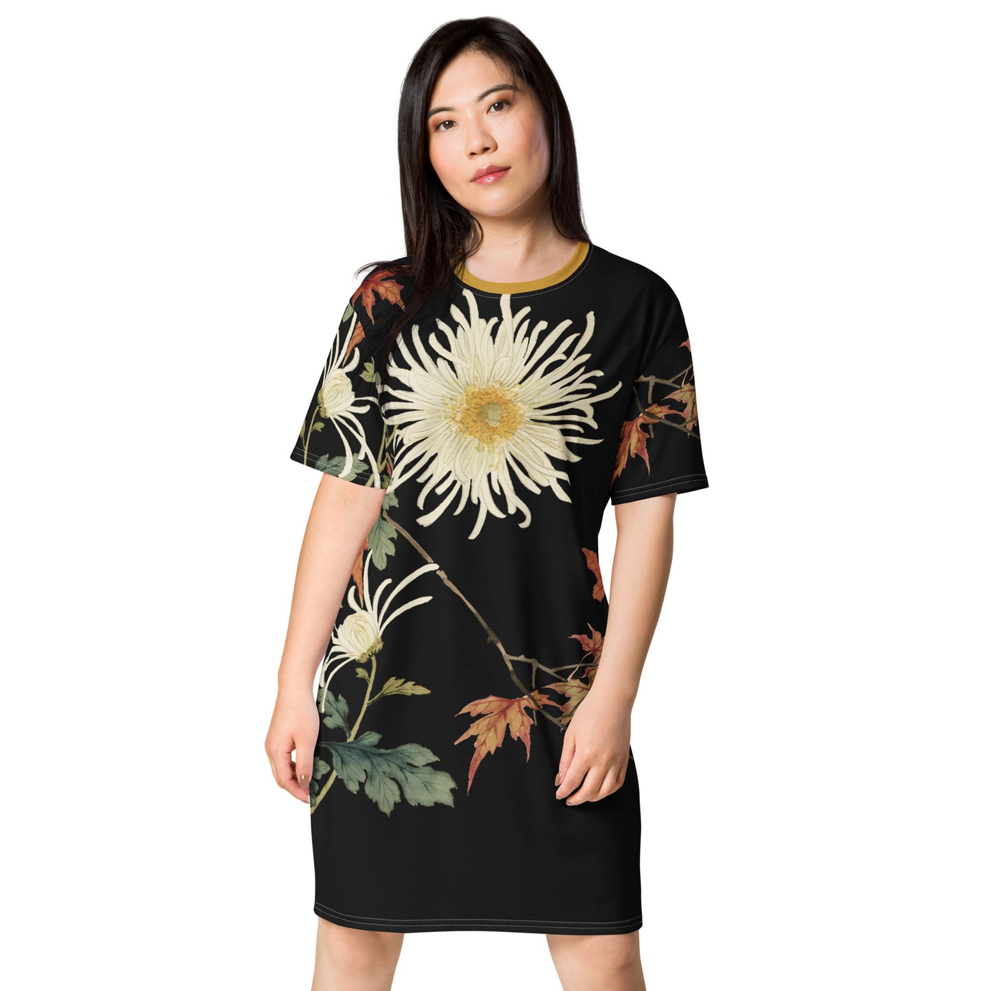 The Spirit of Flowers in Twelve Months｜Blooming Chrysanthemum and Maple Leaves｜T-shirt dress｜Black