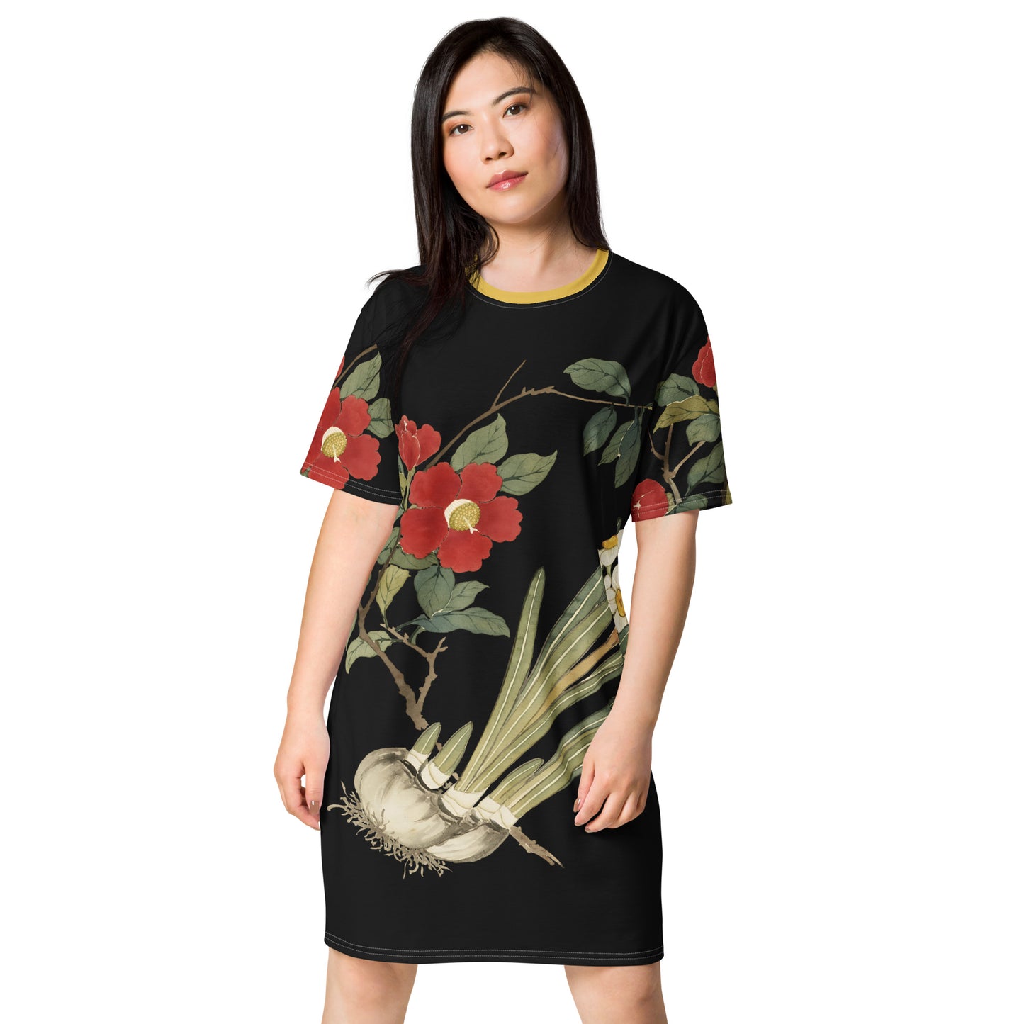 The Spirit of Flowers in Twelve Months｜Narcissus and Camelia in Bloom｜T-shirt dress｜Black