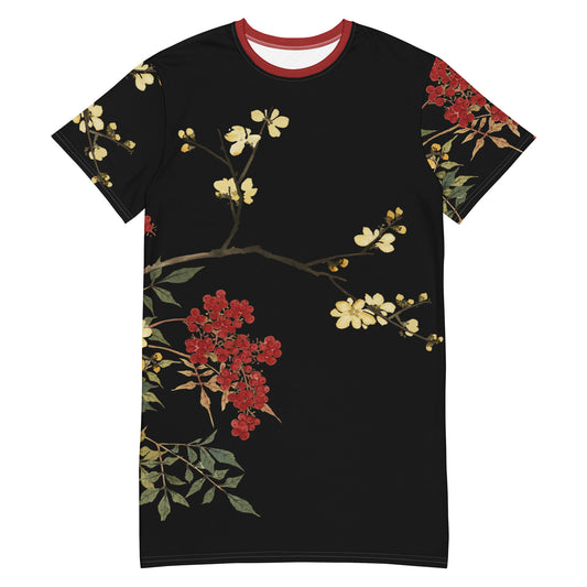 The Spirit of Flowers in Twelve Months｜Blooming Wintersweet and Heavenly Bamboo｜T-shirt dress｜Black