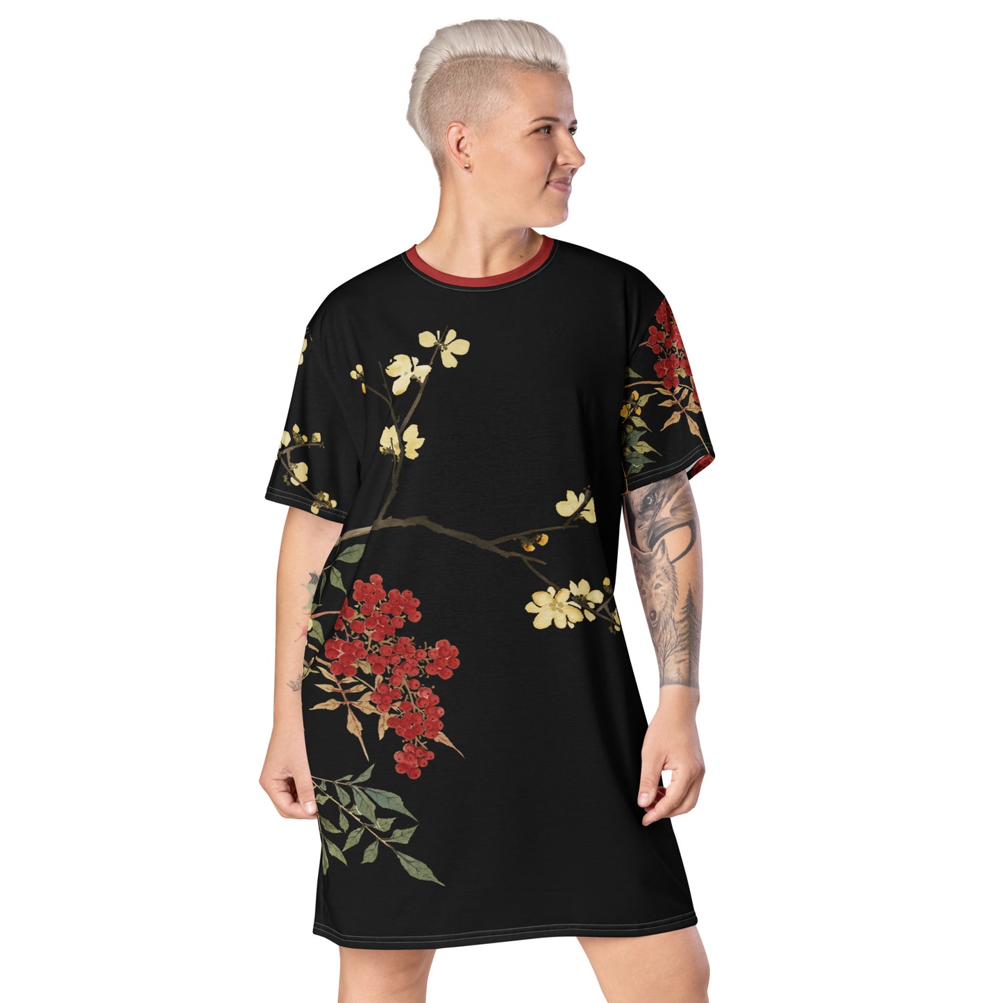 The Spirit of Flowers in Twelve Months｜Blooming Wintersweet and Heavenly Bamboo｜T-shirt dress｜Black