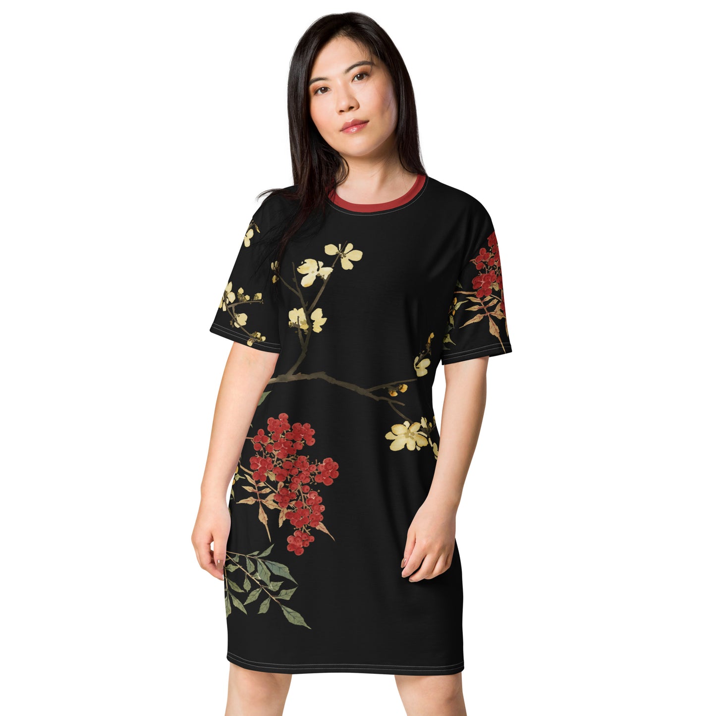 The Spirit of Flowers in Twelve Months｜Blooming Wintersweet and Heavenly Bamboo｜T-shirt dress｜Black