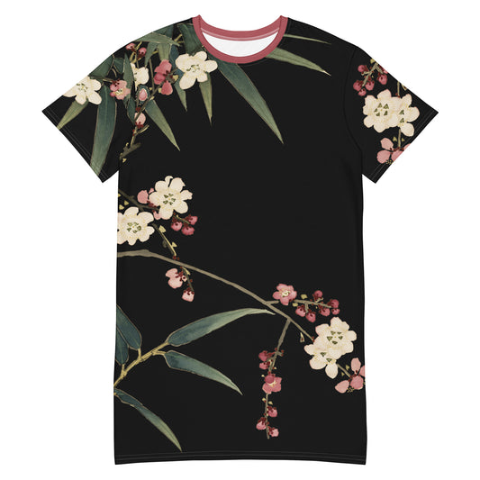 The Spirit of Flowers in Twelve Months｜Crimson Plum Blossom and Lush Green Bamboo｜T-shirt dress｜Black