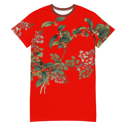 The Spirit of Flowers in Twelve Months｜Osmanthus and Crape Myrtle in Bloom｜T-shirt dress｜Garnet red