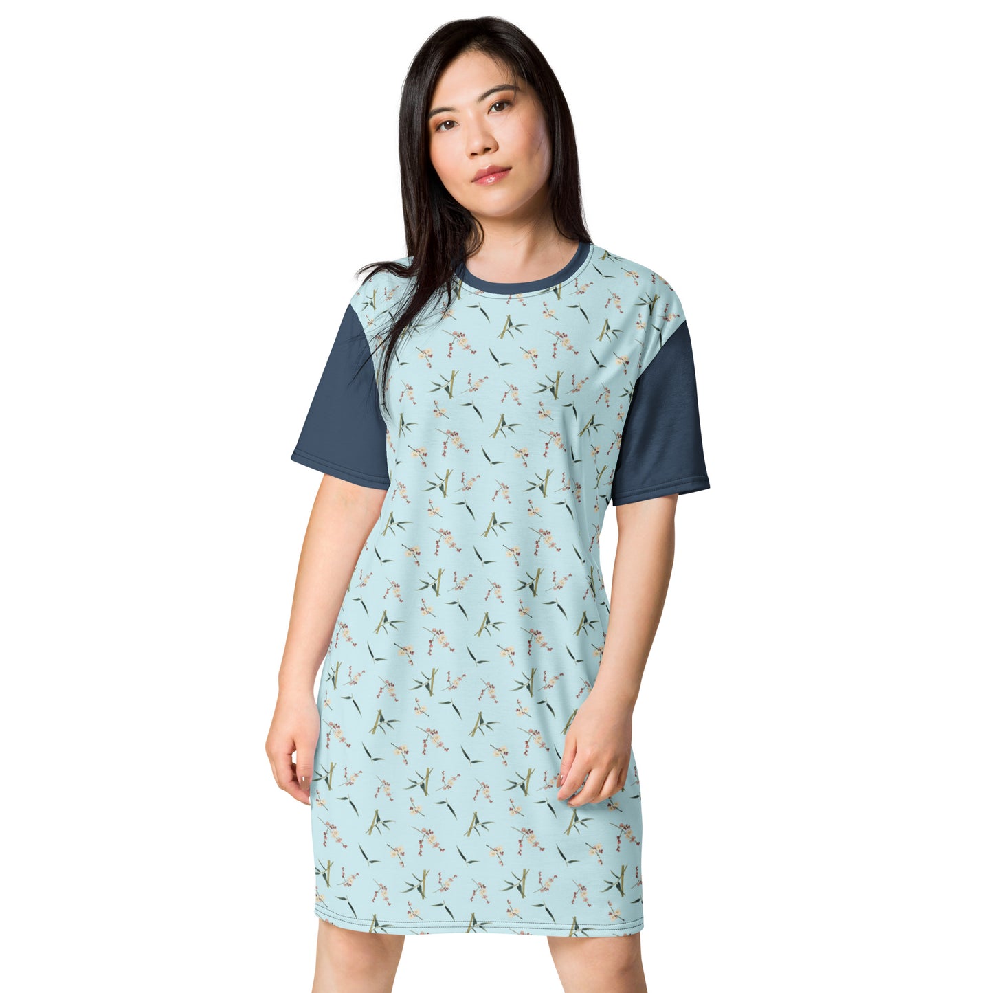 The Spirit of Flowers in Twelve Months｜Crimson Plum Blossom and Lush Green Bamboo｜T-shirt dress｜seamless print｜Aqua blue