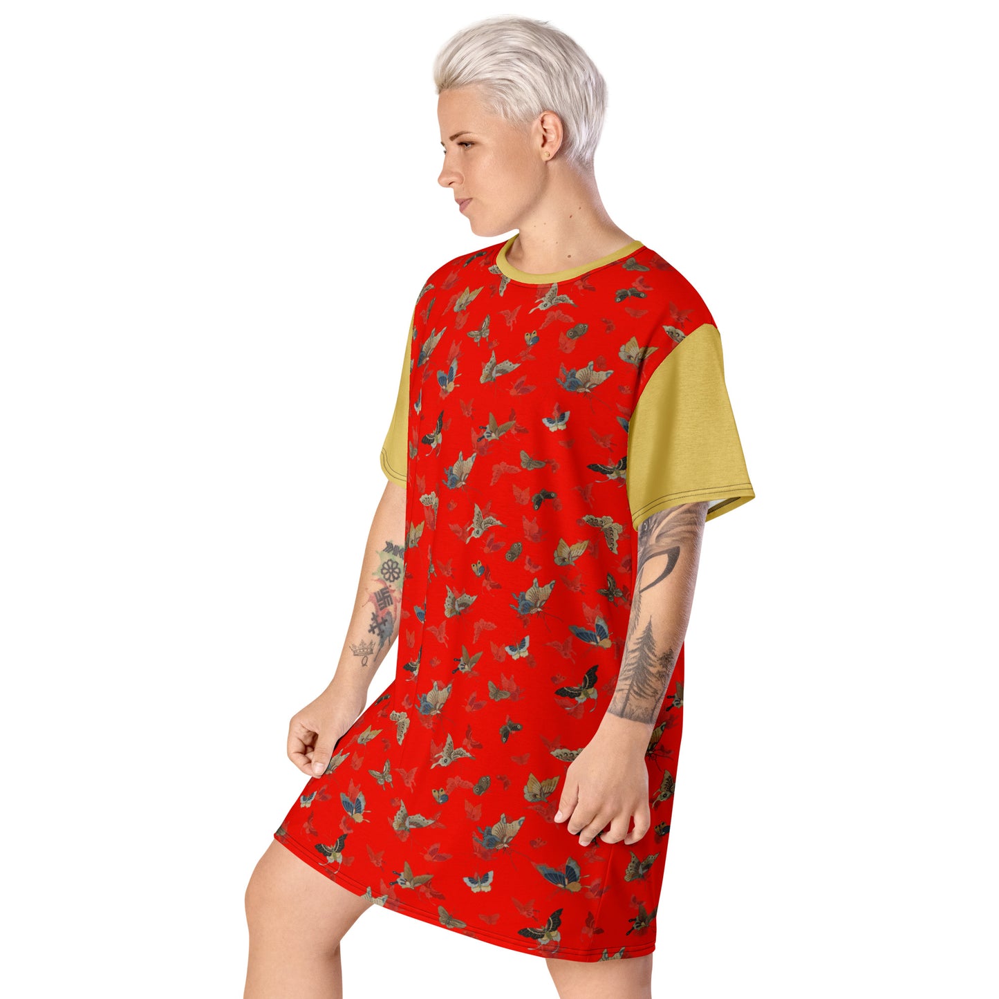 Butterfly dancing｜T-shirt dress｜Garnet red