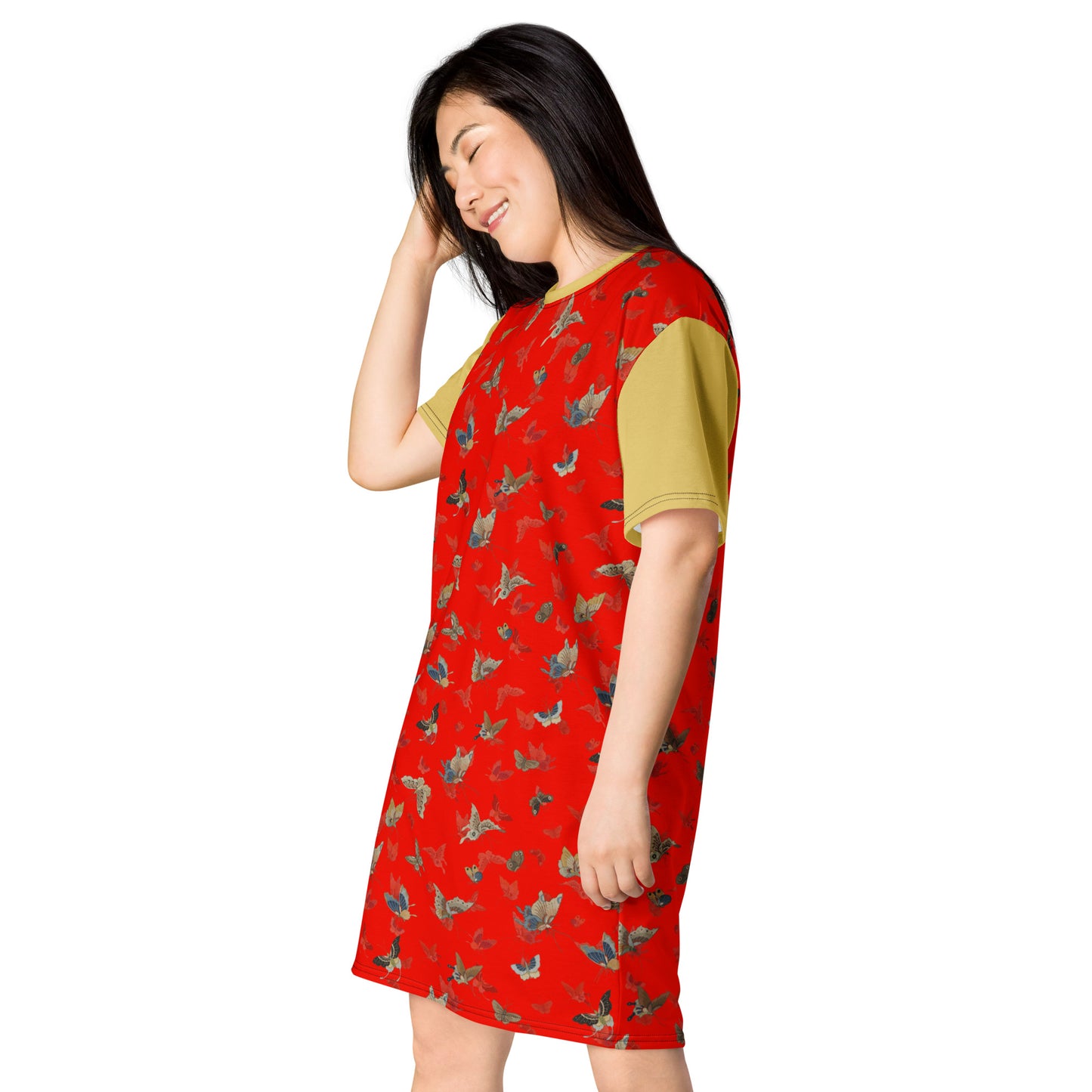 Butterfly dancing｜T-shirt dress｜Garnet red