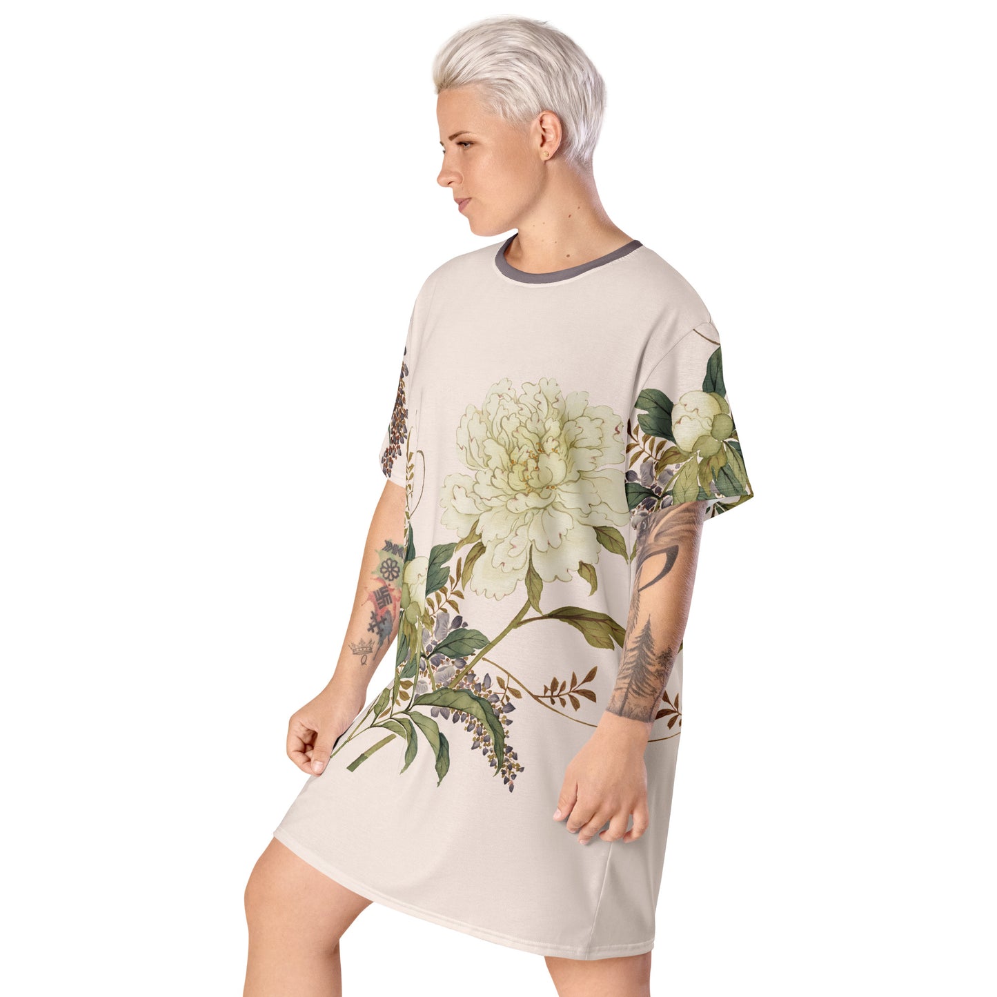 The Spirit of Flowers in Twelve Months｜Chinese Peony and Wisteria in Bloom｜T-shirt dress｜Fish belly white