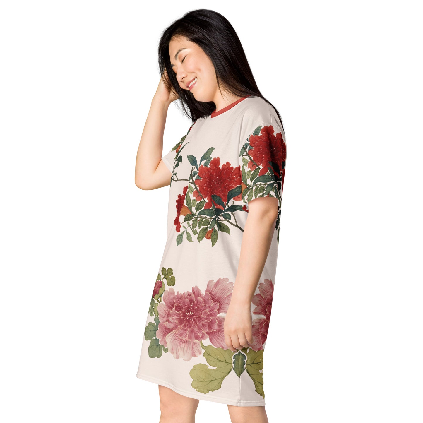 The Spirit of Flowers in Twelve Months｜Hollyhock and Pomegranate in Bloom｜T-shirt dress｜Fish belly white