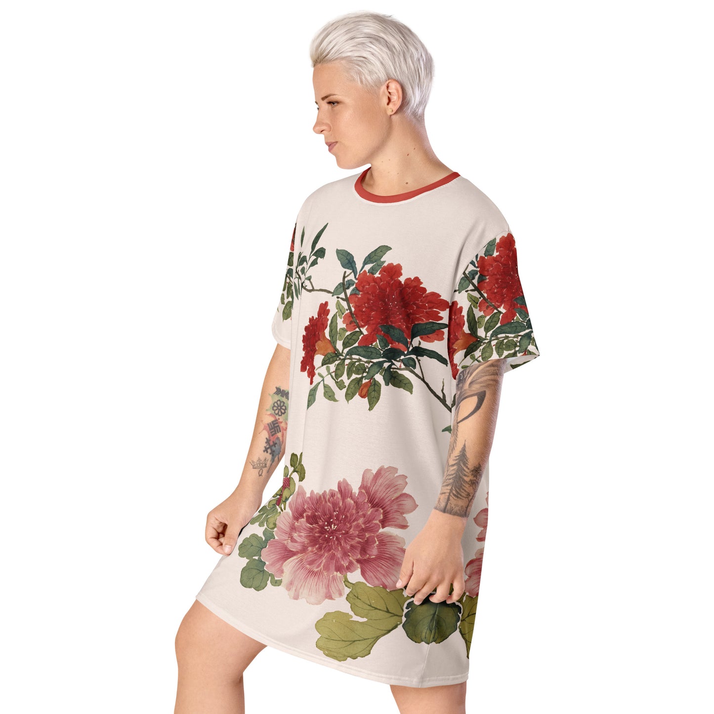 The Spirit of Flowers in Twelve Months｜Hollyhock and Pomegranate in Bloom｜T-shirt dress｜Fish belly white