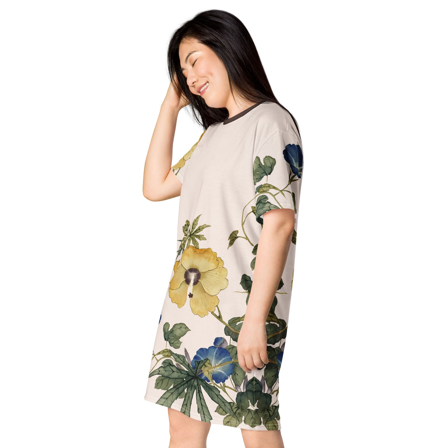 The Spirit of Flowers in Twelve Months｜Okra and White-edged Morning Glory in Bloom｜T-shirt dress｜Fish belly white