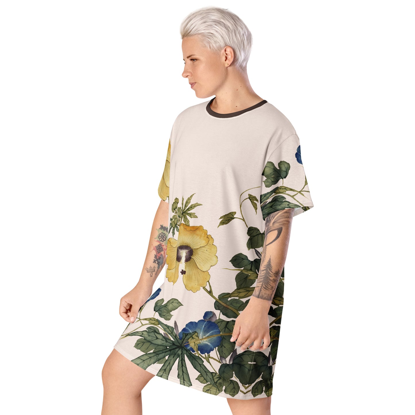 The Spirit of Flowers in Twelve Months｜Okra and White-edged Morning Glory in Bloom｜T-shirt dress｜Fish belly white