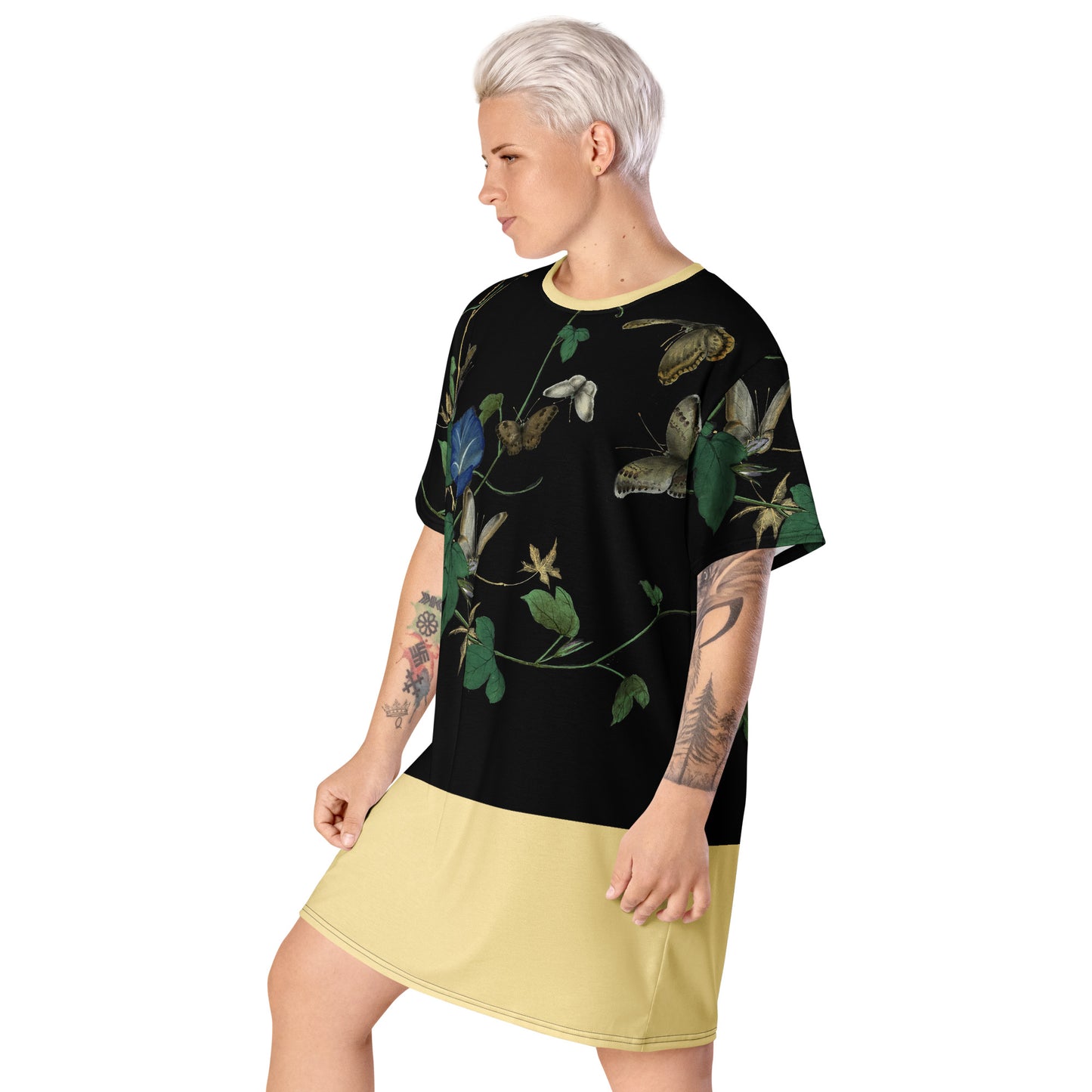 Cats And Butterflies Of Longevity｜Butterflies and the White-edged Morning Glory in Bloom｜T-shirt dress