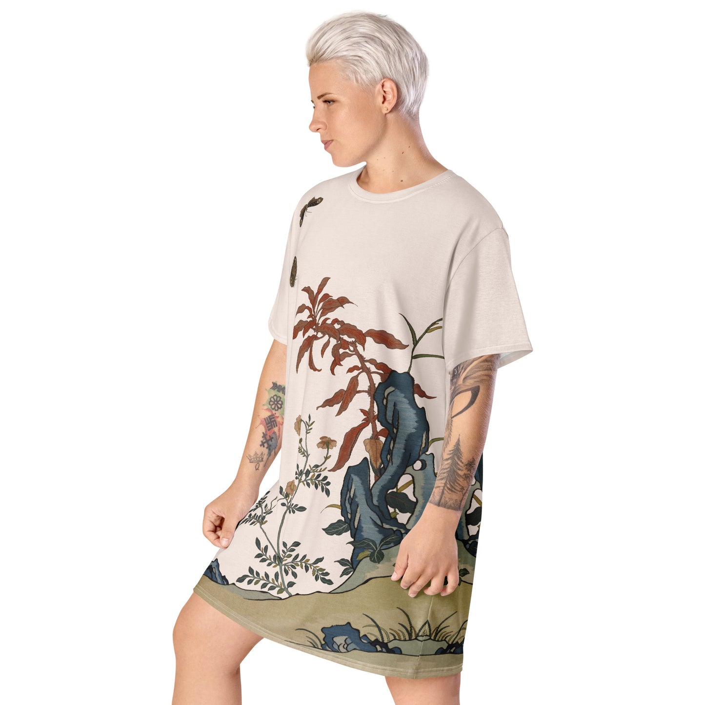 Kesi Flower Album｜Butterflies and Flowers｜T-shirt dress｜Fish belly white