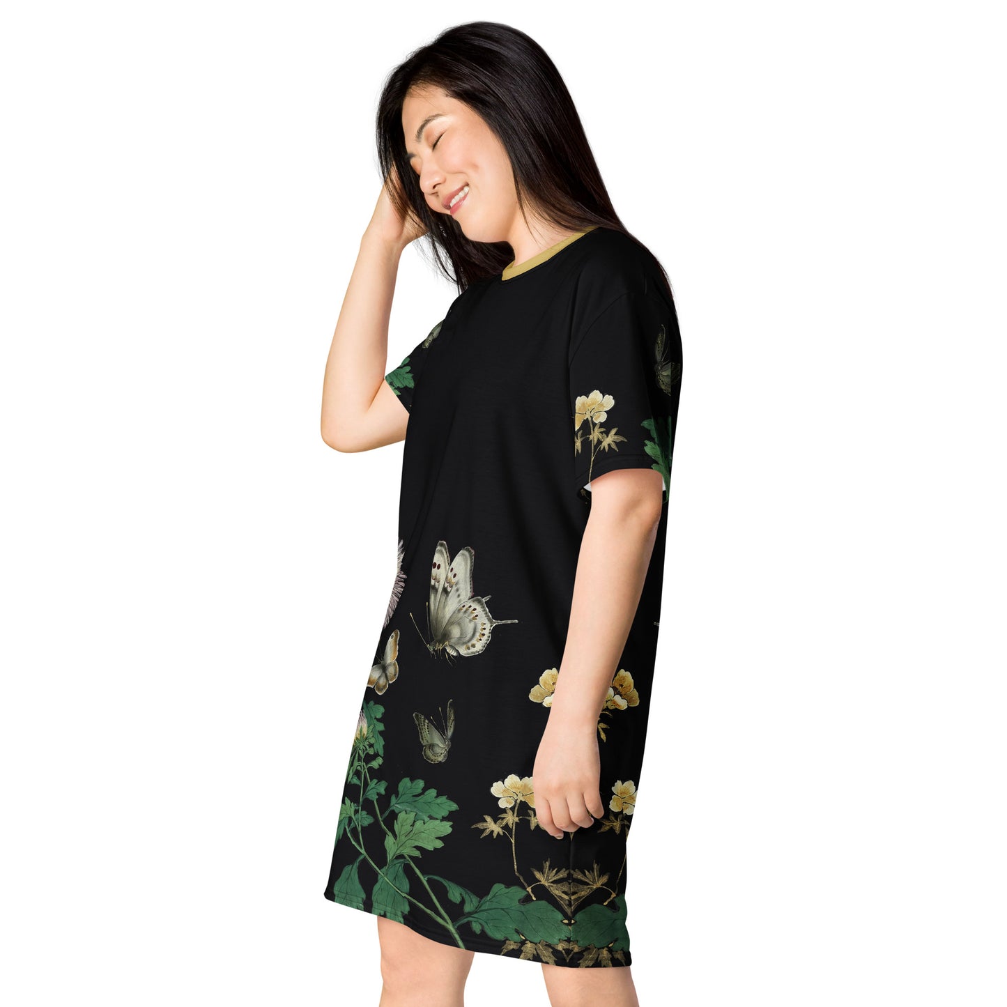 Cats And Butterflies Of Longevity｜Butterflies amidst the Blooming Chrysanthemum and Okra｜T-shirt dress