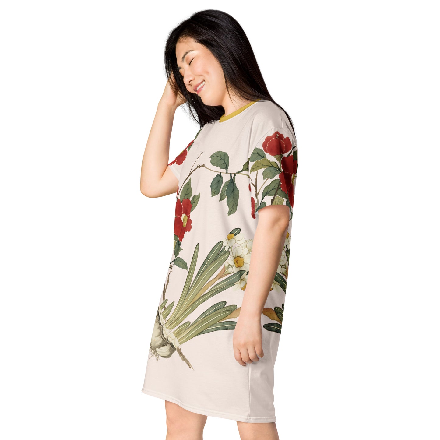 The Spirit of Flowers in Twelve Months｜Narcissus and Camelia in Bloom｜T-shirt dress｜Fish belly white