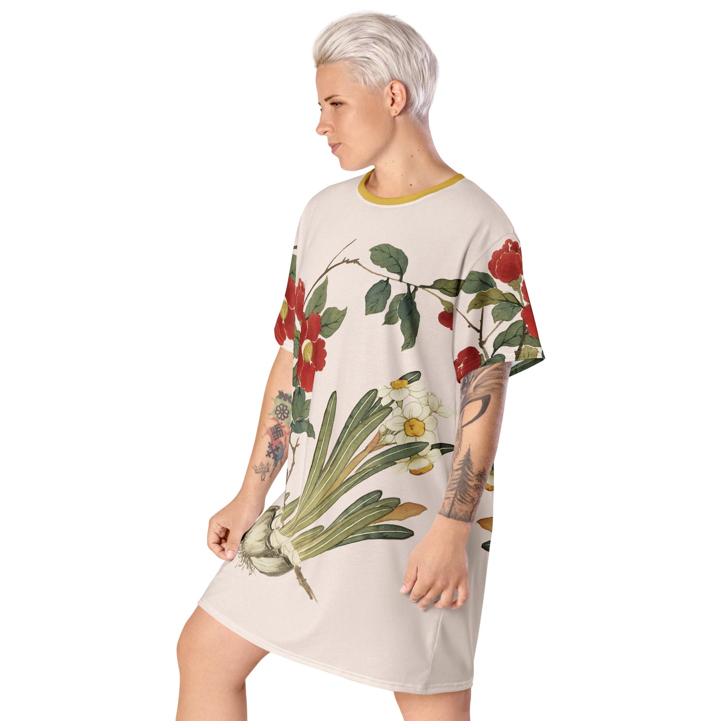 The Spirit of Flowers in Twelve Months｜Narcissus and Camelia in Bloom｜T-shirt dress｜Fish belly white