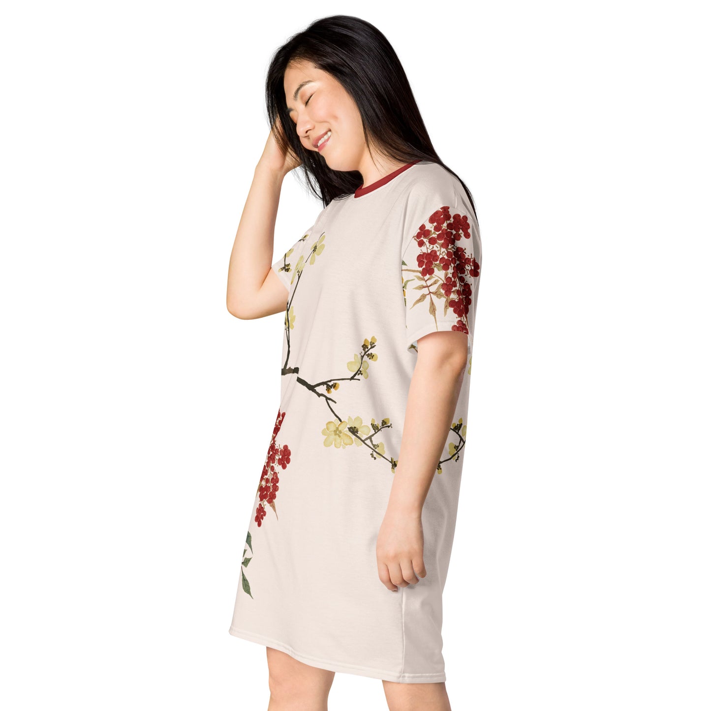 The Spirit of Flowers in Twelve Months｜Blooming Wintersweet and Heavenly Bamboo｜T-shirt dress｜Fish belly white