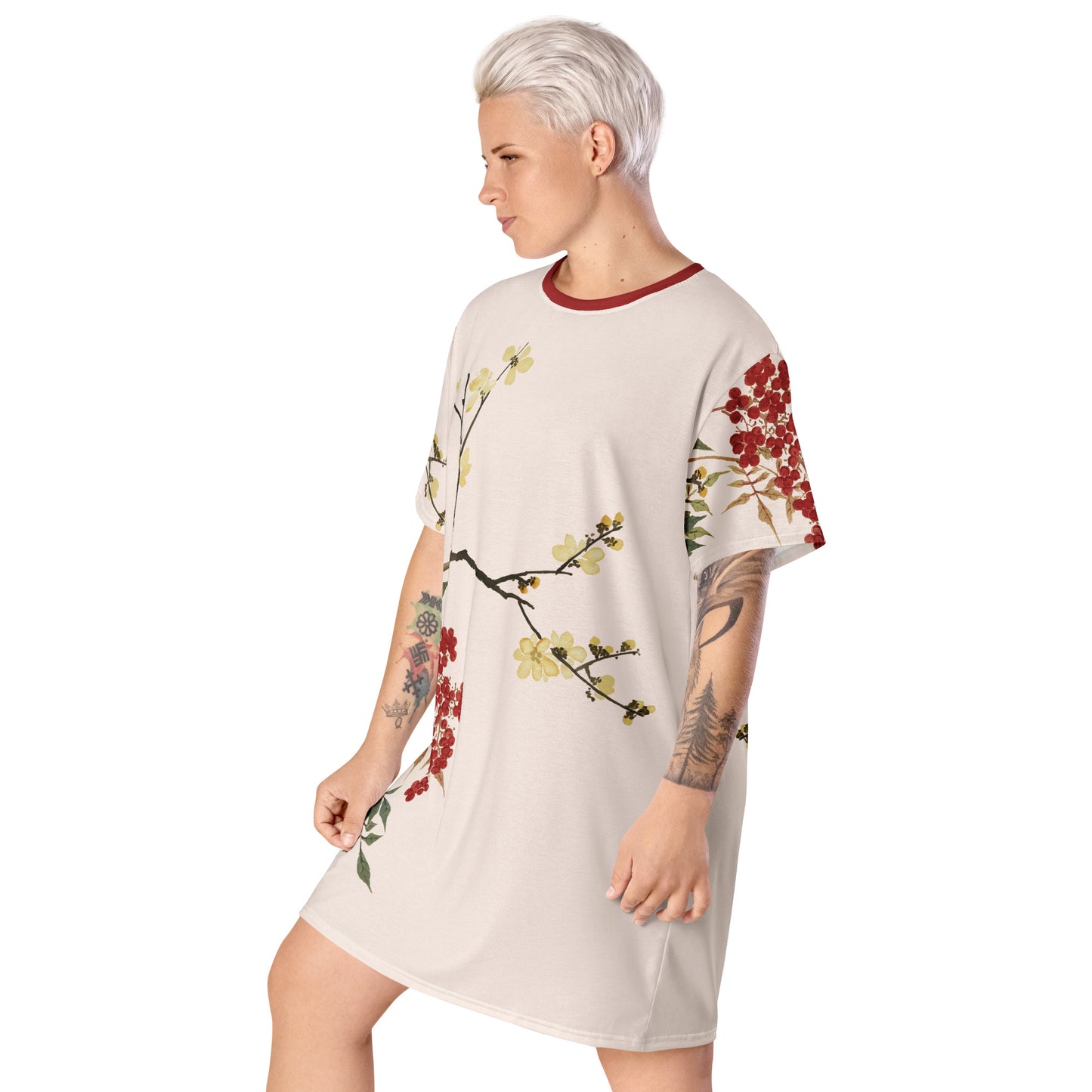 The Spirit of Flowers in Twelve Months｜Blooming Wintersweet and Heavenly Bamboo｜T-shirt dress｜Fish belly white