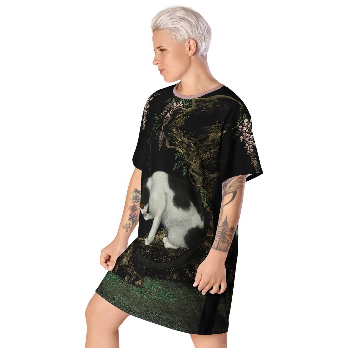 Cats And Butterflies Of Longevity｜A Cat by the Blooming Wisteria｜T-shirt dress