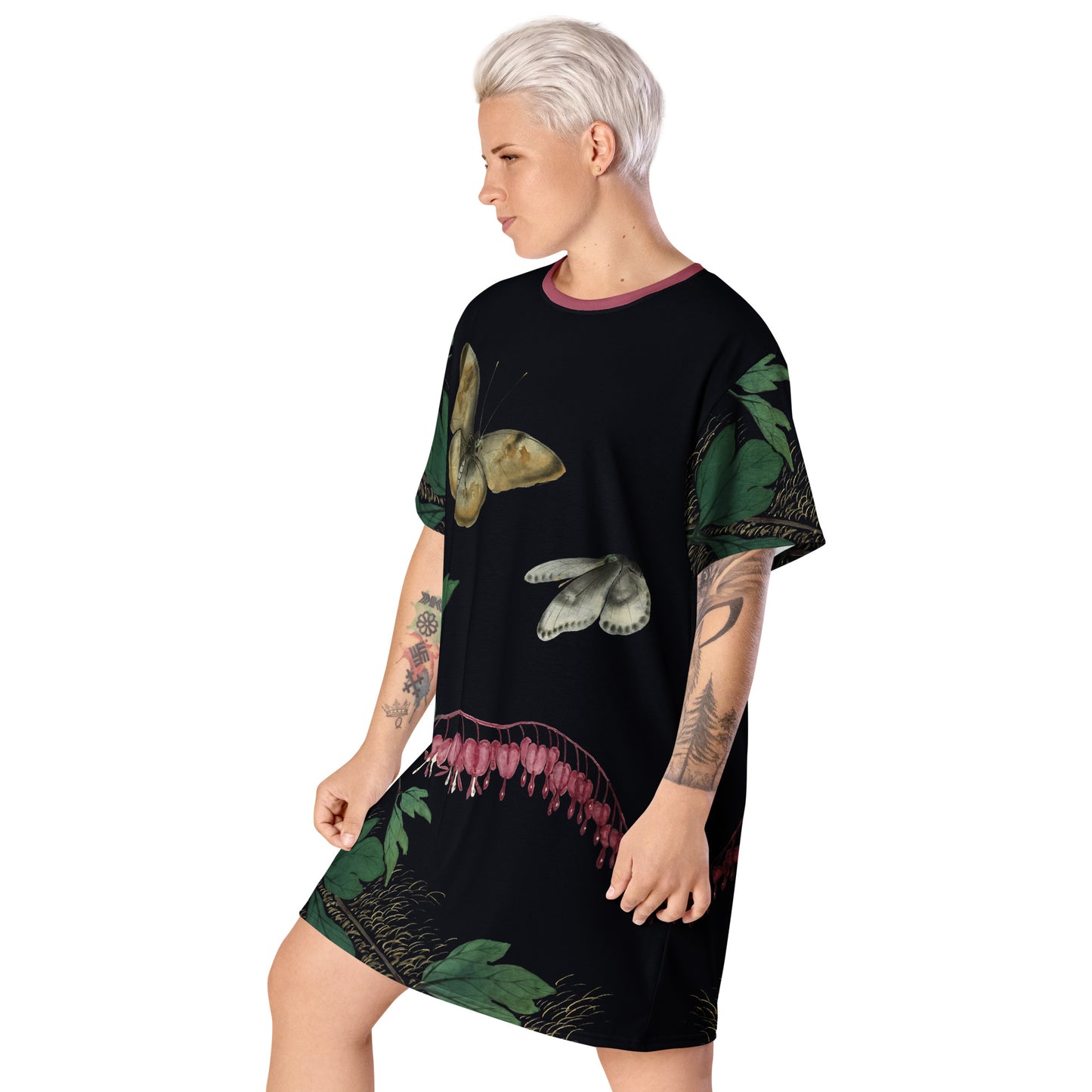 Cats And Butterflies Of Longevity｜Butterflies and Bleeding Hearts in Bloom｜T-shirt dress