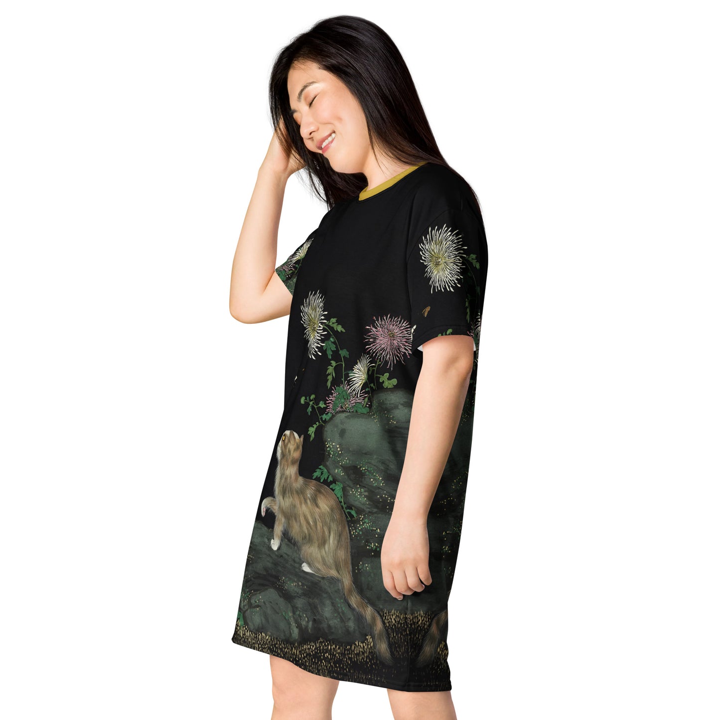 Cats And Butterflies Of Longevity｜A Cat amidst the Chrysanthemum in Bloom｜T-shirt dress