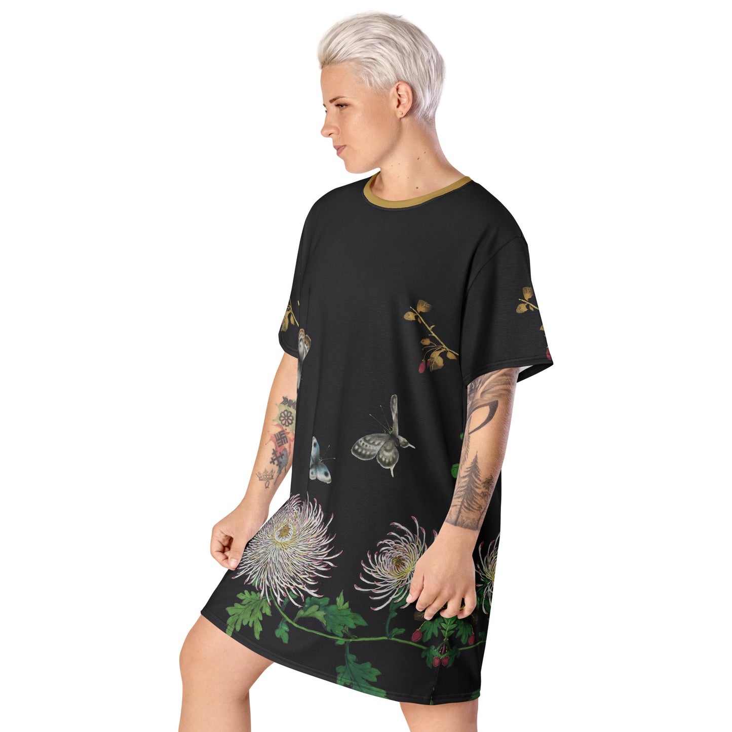 Cats And Butterflies Of Longevity｜Butterflies by the Chrysanthemum in Bloom｜T-shirt dress