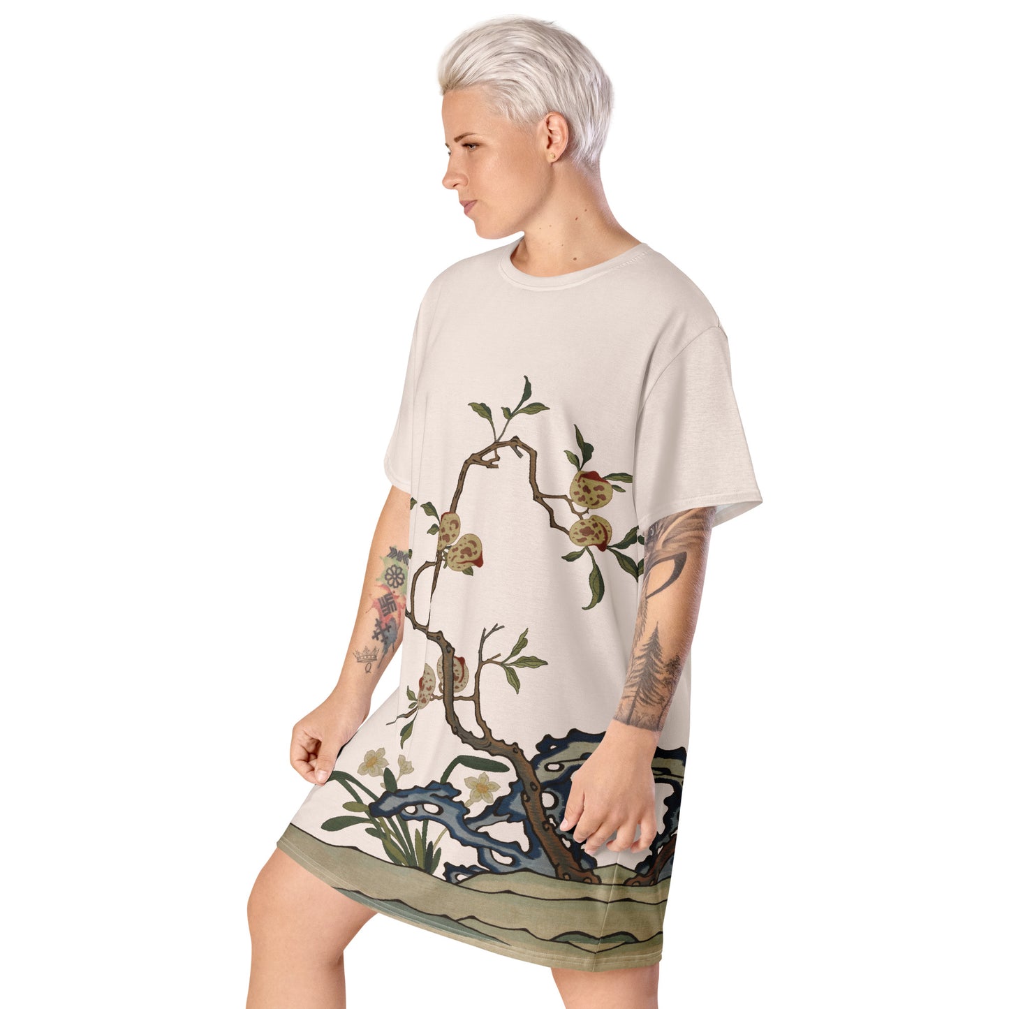 Kesi Flower Album｜Narcissus and Peaches｜T-shirt dress｜Fish belly white