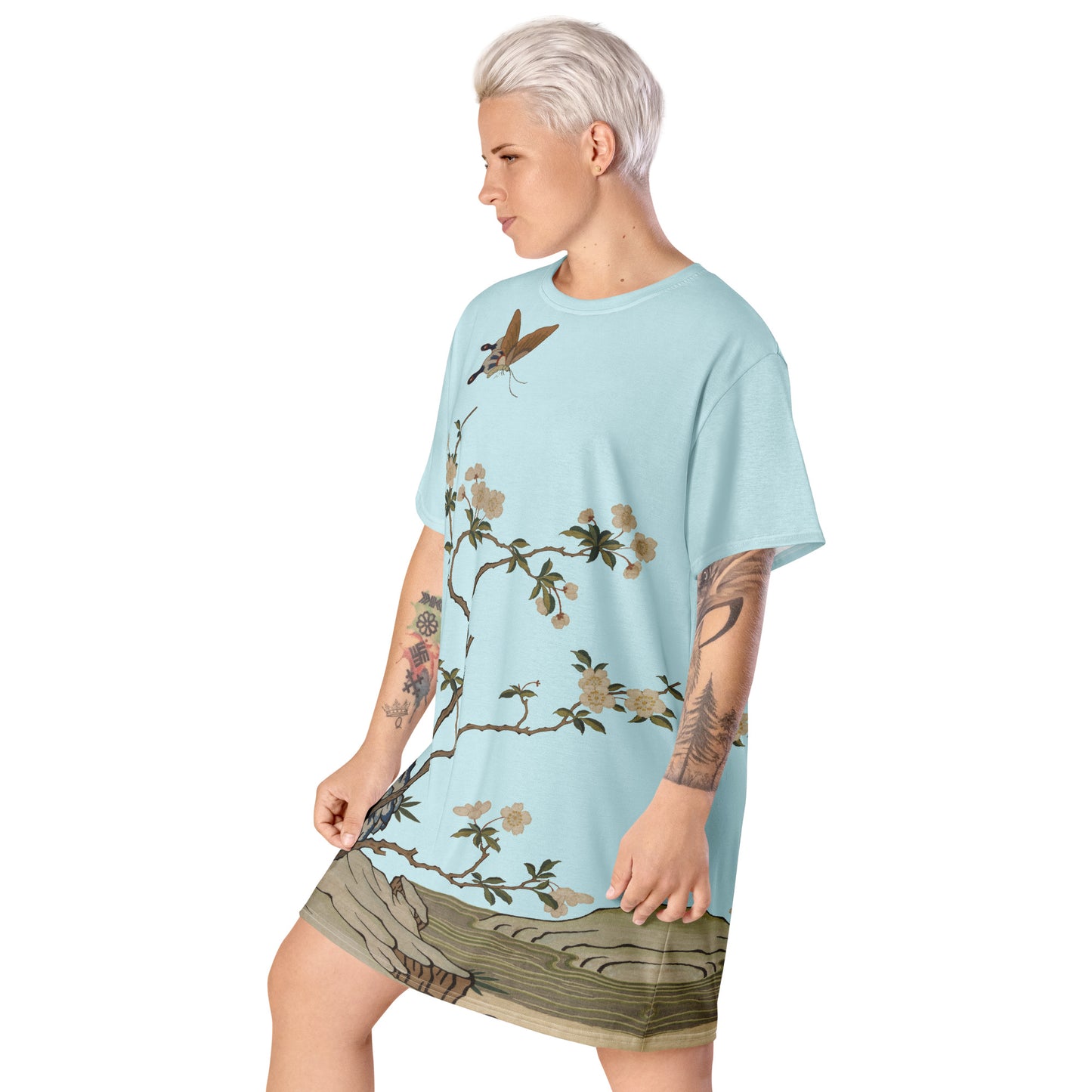 Kesi Flower Album｜Plum Blossoms and Butterfly｜T-shirt dress｜Aqua blue