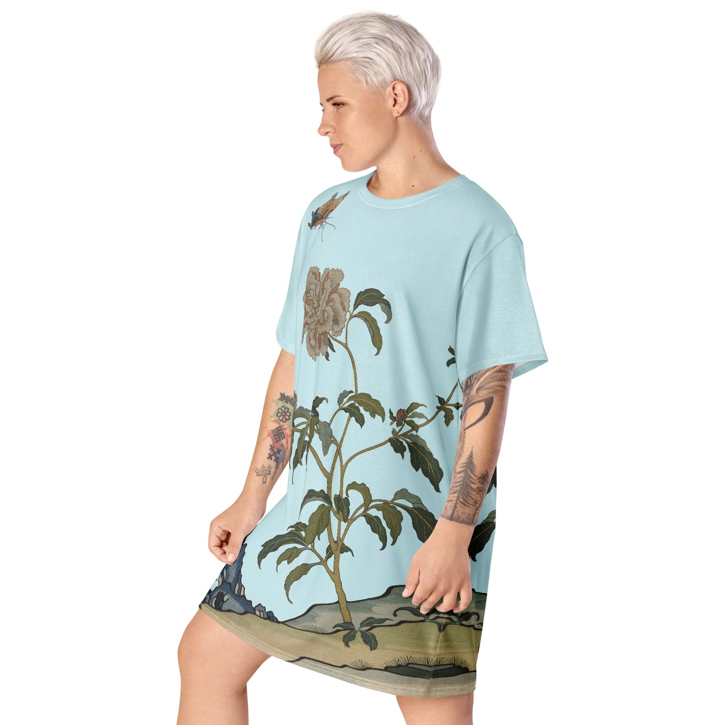 Kesi Flower Album｜Peonies and Butterfly｜T-shirt dress｜Aqua blue