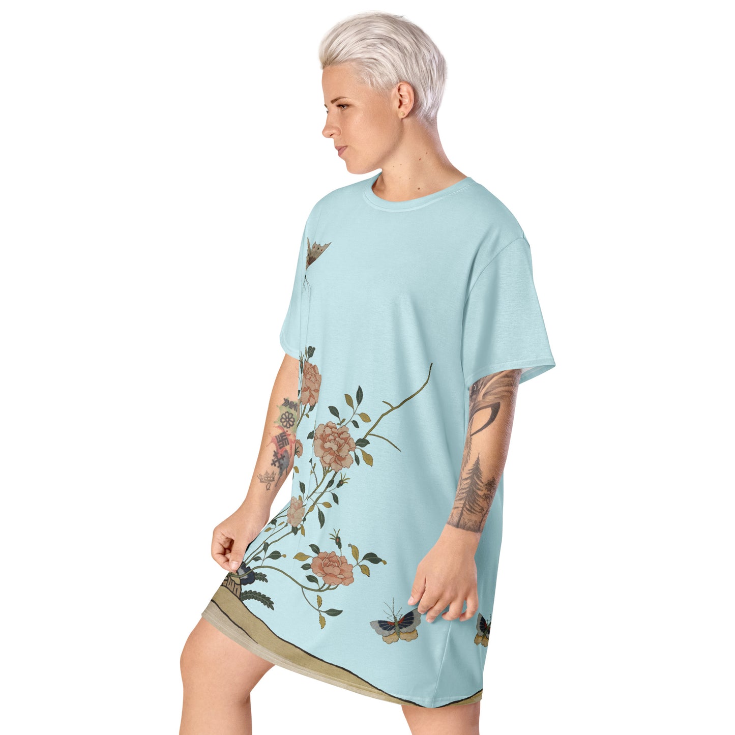 Kesi Flower Album｜Red Roses｜T-shirt dress｜Aqua blue