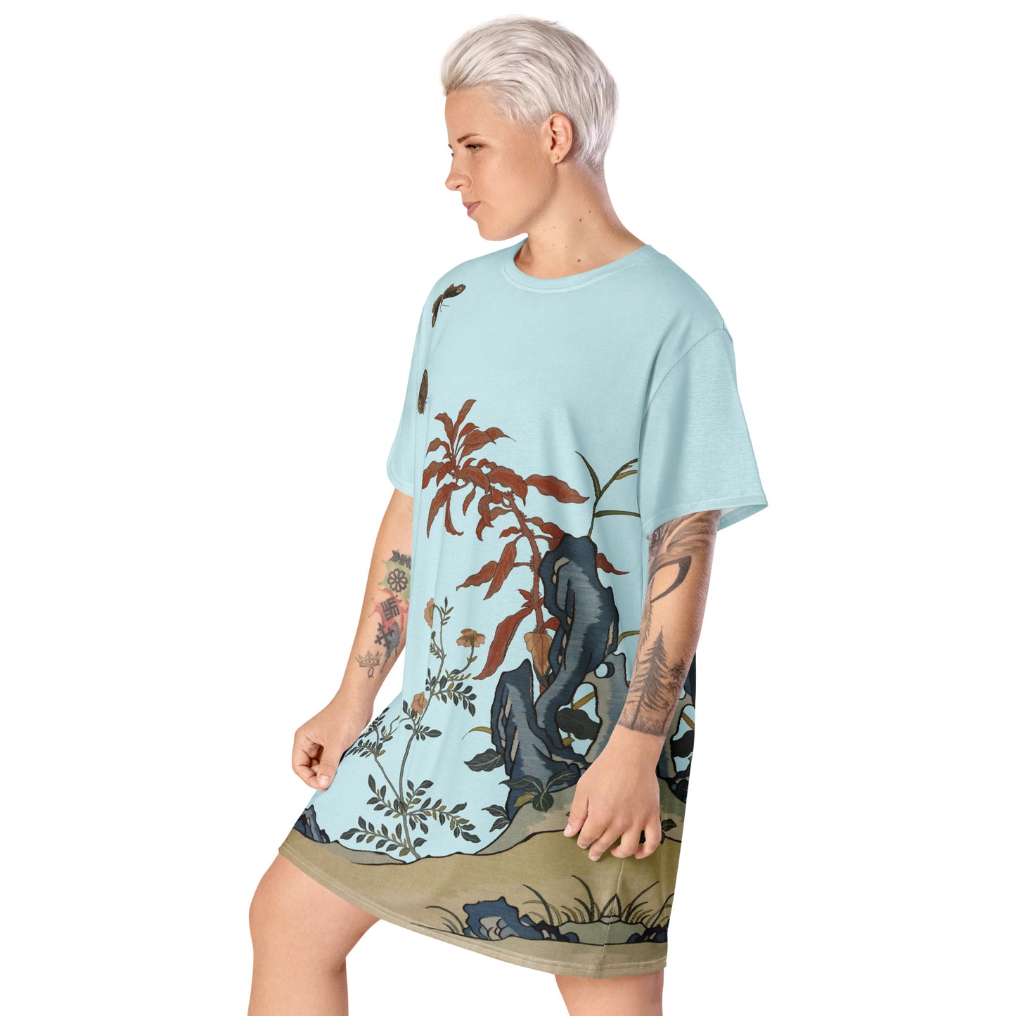 Kesi Flower Album｜Butterflies and Flowers｜T-shirt dress｜Aqua blue