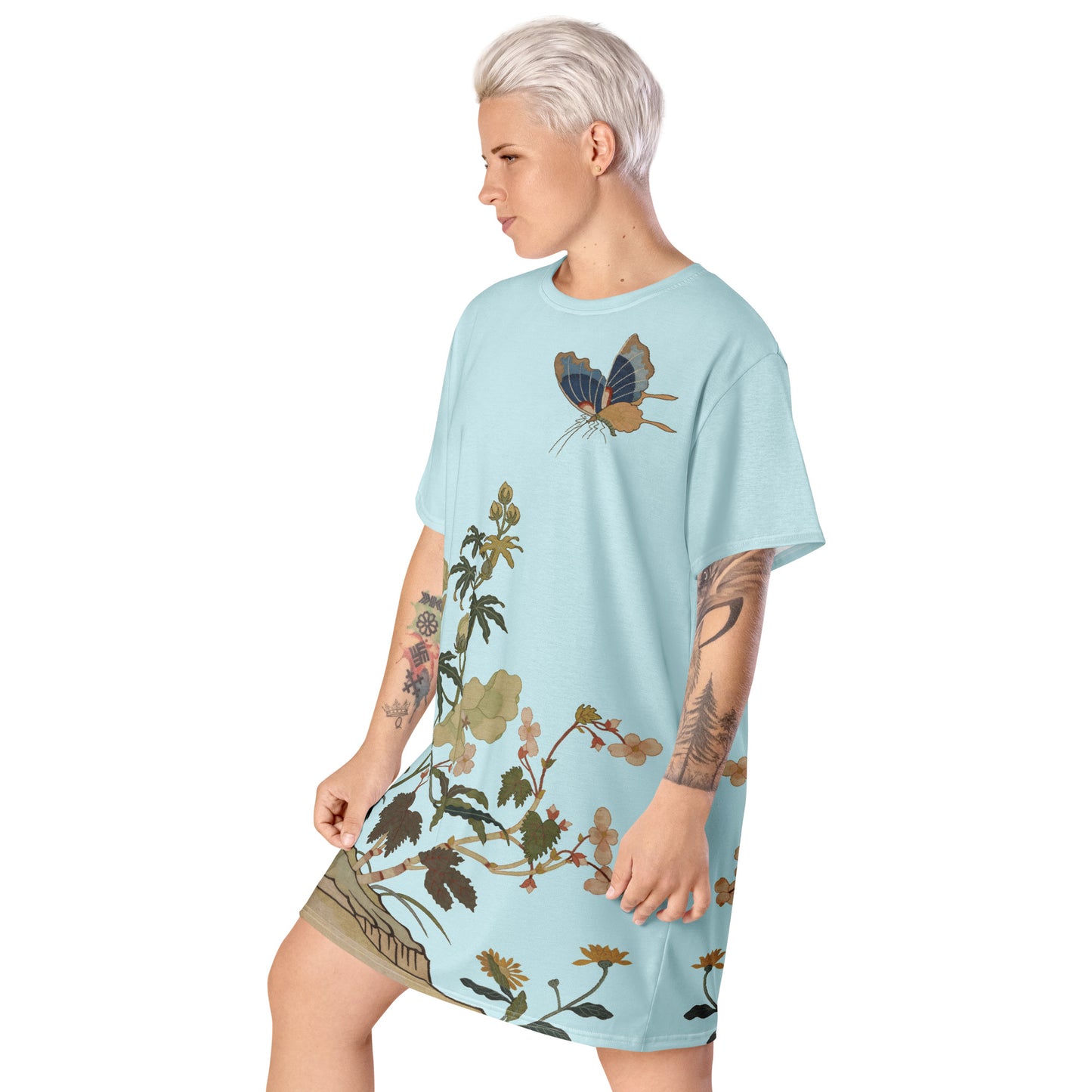 Kesi Flower Album｜Hibiscus and Begonia Blossoms｜T-shirt dress｜Aqua blue