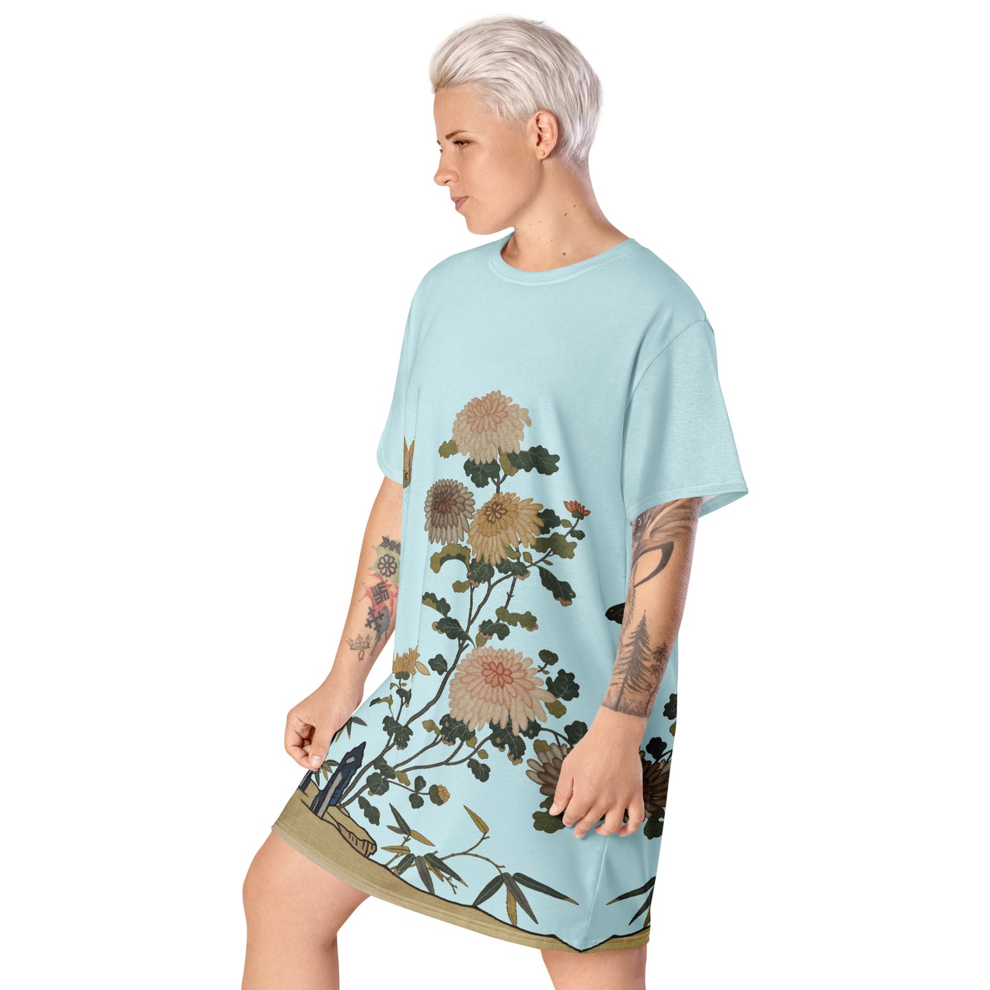 Kesi Flower Album｜Chrysanthemums and Butterflies｜T-shirt dress｜Aqua blue