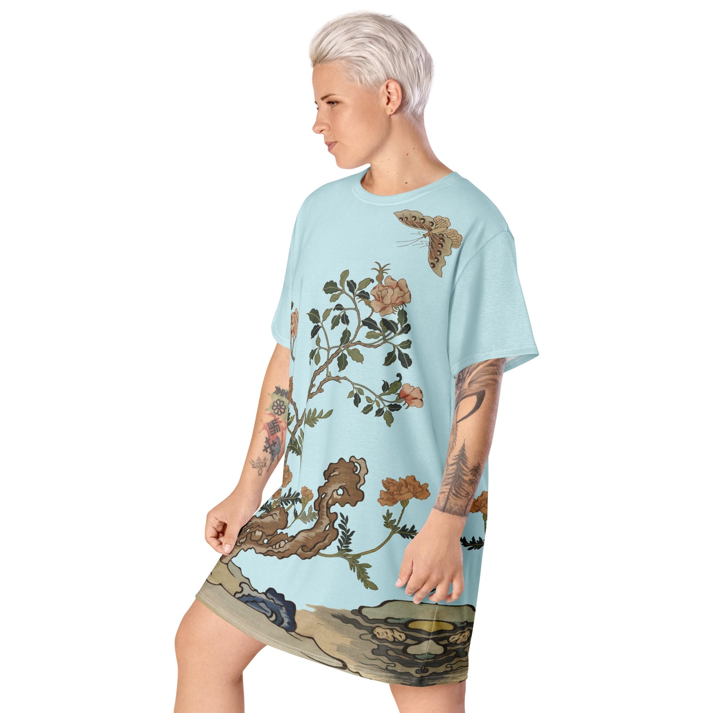 Kesi Flower Album｜Camellia and Butterfly｜T-shirt dress｜Aqua blue