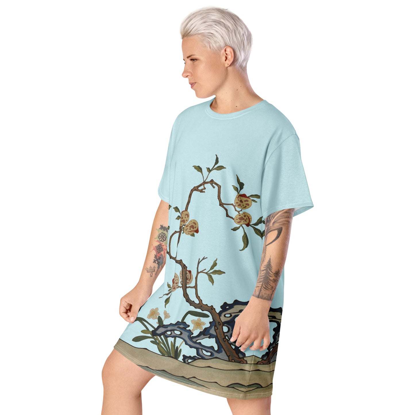 Kesi Flower Album｜Narcissus and Peaches｜T-shirt dress｜Aqua blue