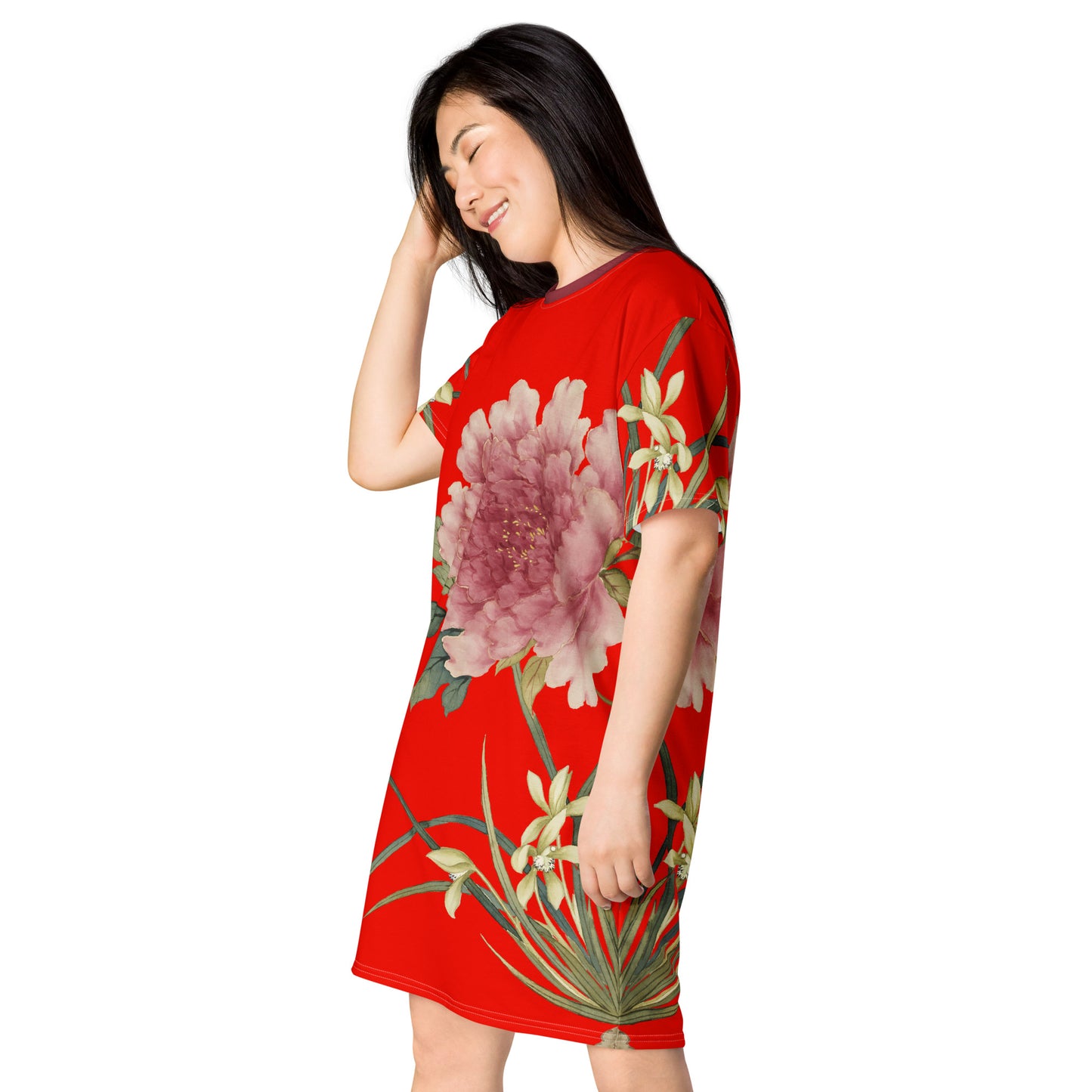 The Spirit of Flowers in Twelve Months｜Orchid and Tree Peony in Bloom｜T-shirt dress｜Garnet red