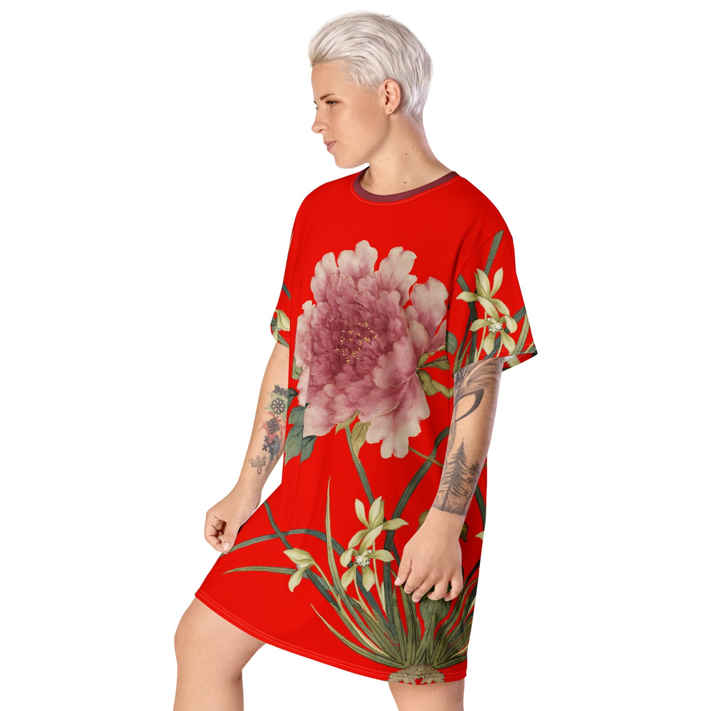 The Spirit of Flowers in Twelve Months｜Orchid and Tree Peony in Bloom｜T-shirt dress｜Garnet red