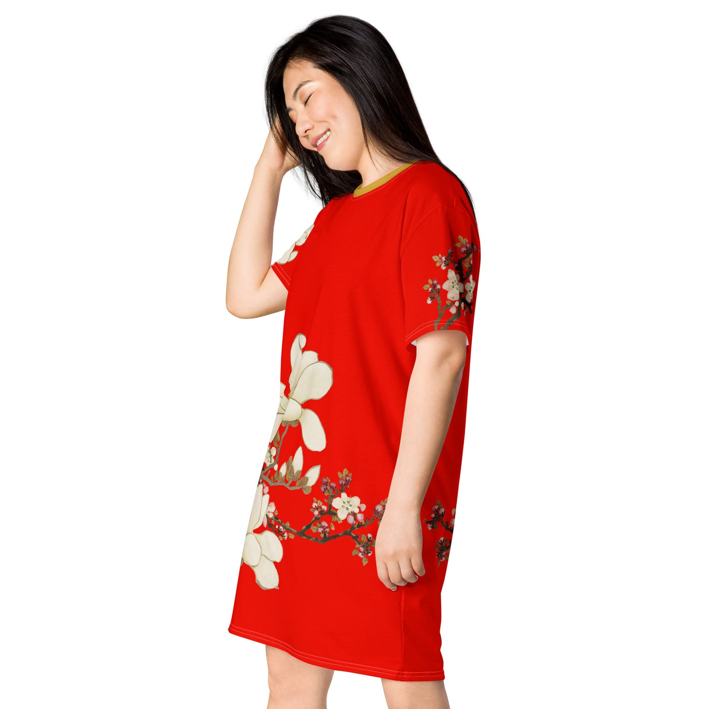 The Spirit of Flowers in Twelve Months｜Apricot and Lily Magnolia in Blossom｜T-shirt dress｜Garnet red