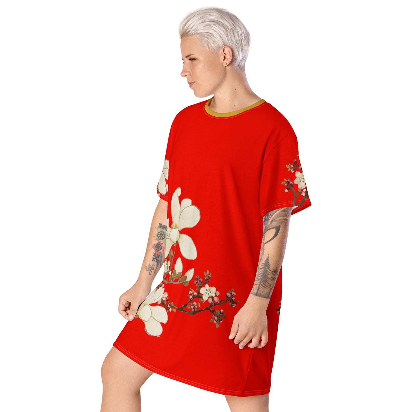 The Spirit of Flowers in Twelve Months｜Apricot and Lily Magnolia in Blossom｜T-shirt dress｜Garnet red