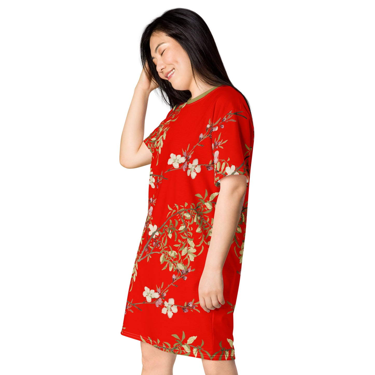 The Spirit of Flowers in Twelve Months｜Willow and Peach Blossom｜T-shirt dress｜Garnet red