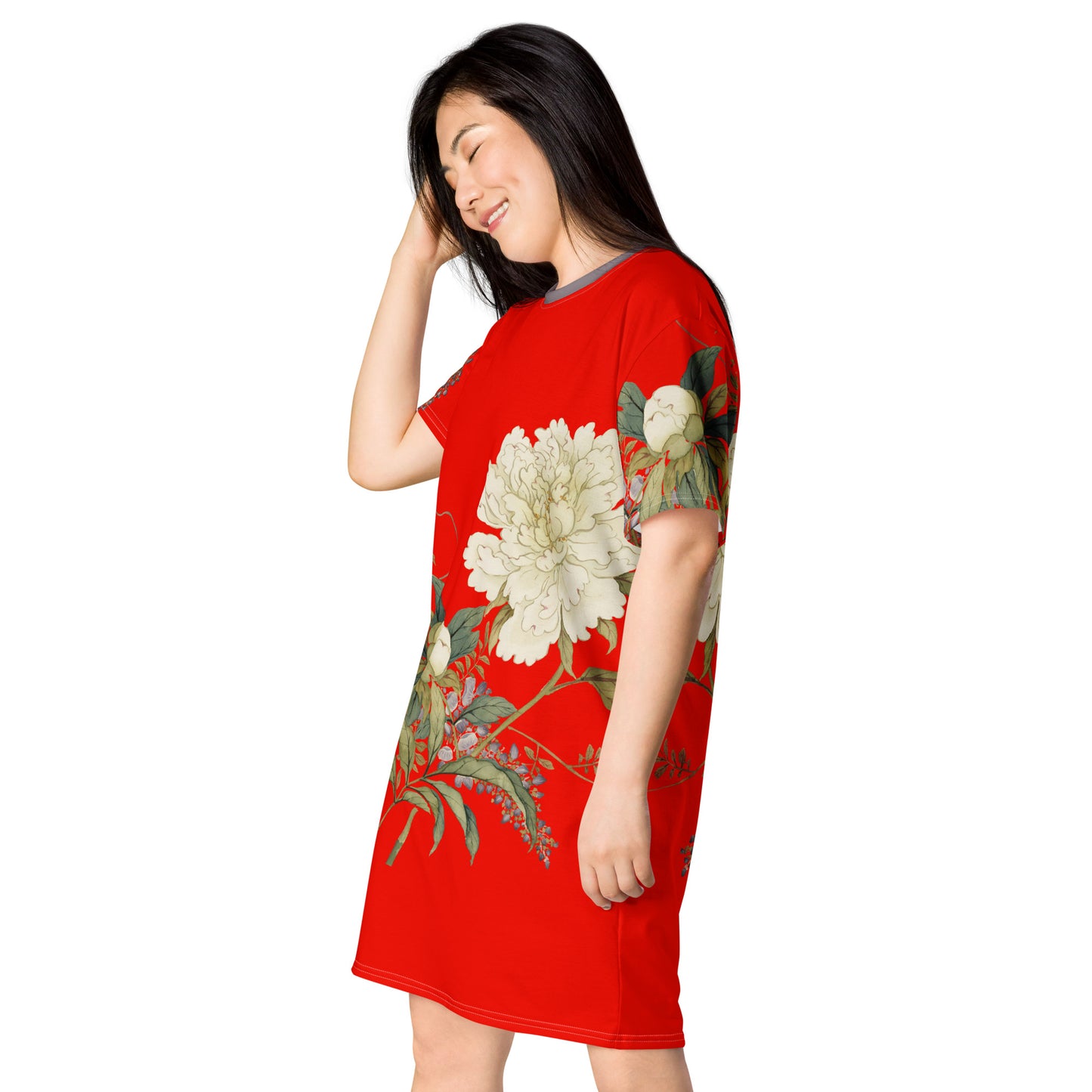 The Spirit of Flowers in Twelve Months｜Chinese Peony and Wisteria in Bloom｜T-shirt dress｜Garnet red