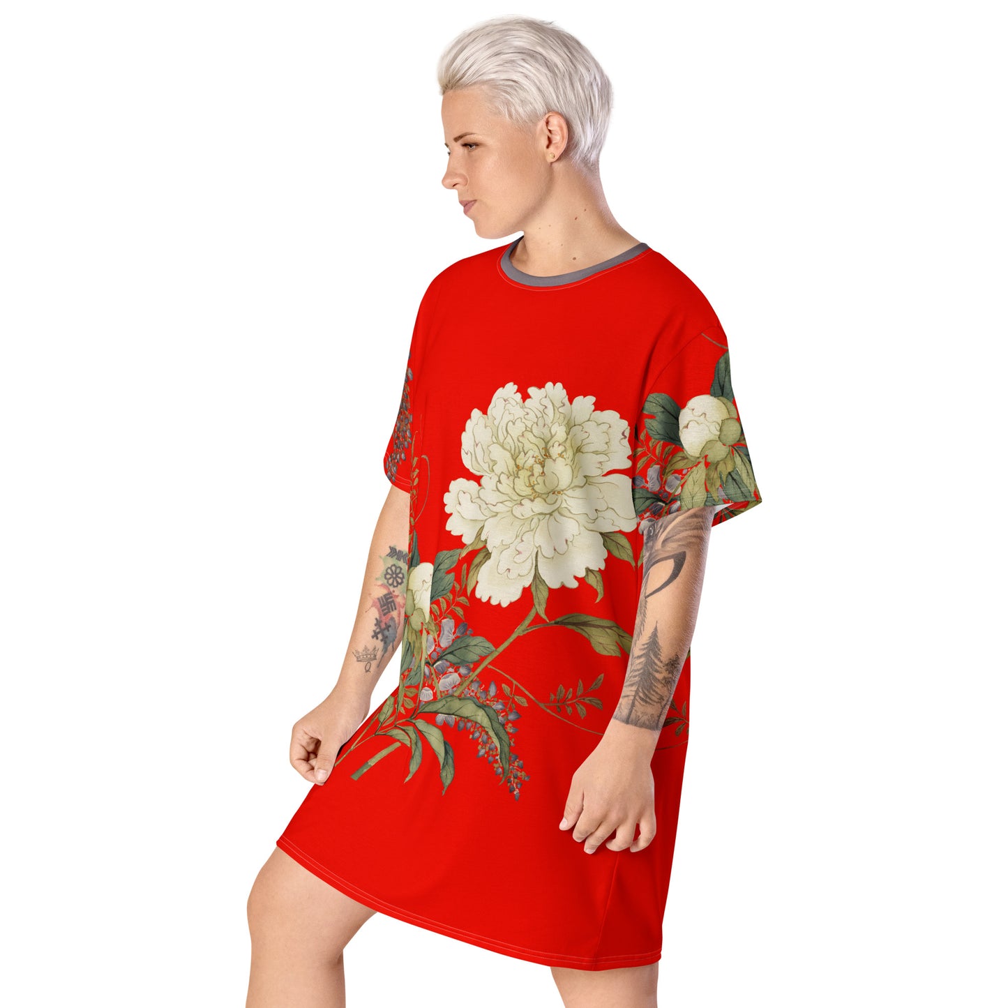 The Spirit of Flowers in Twelve Months｜Chinese Peony and Wisteria in Bloom｜T-shirt dress｜Garnet red