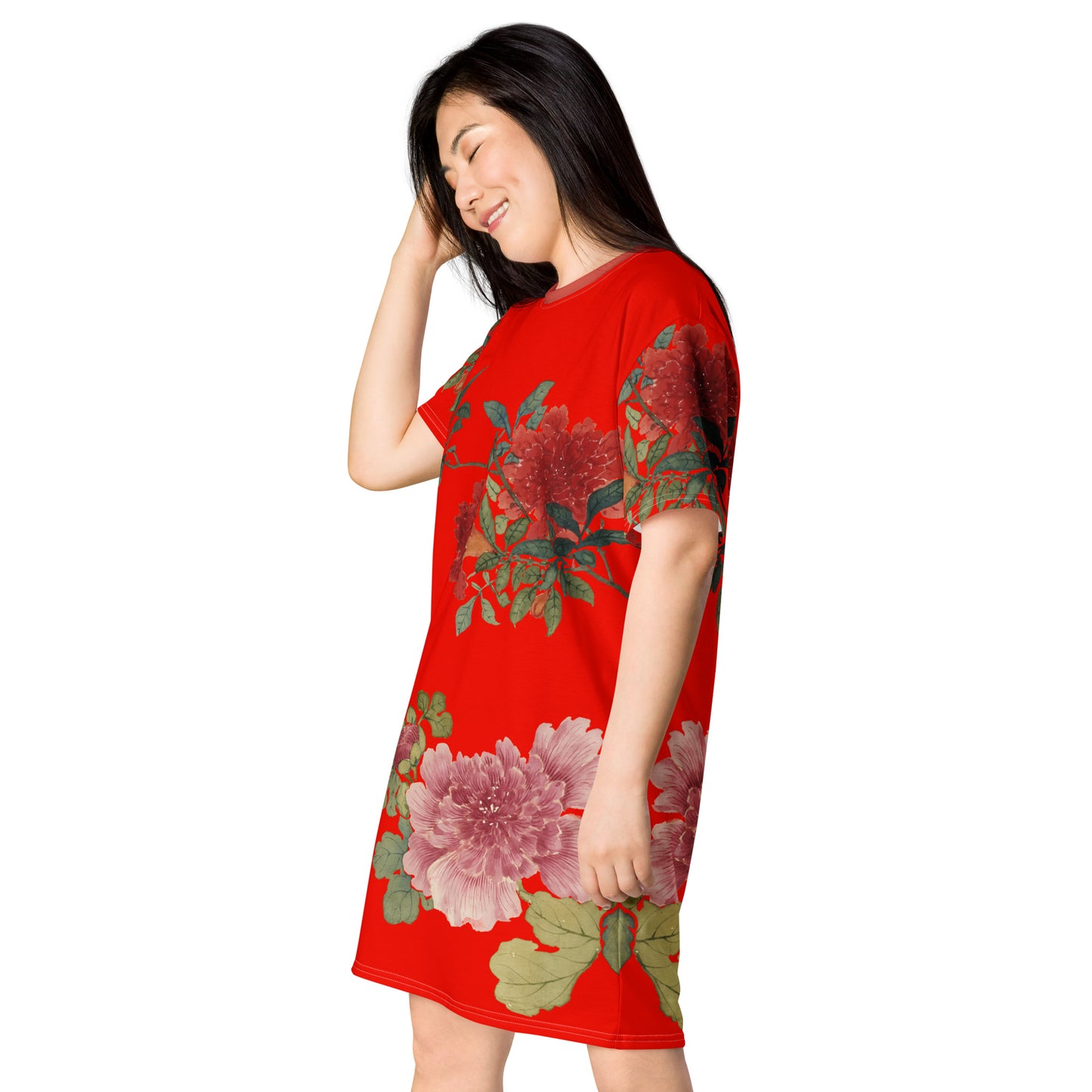 The Spirit of Flowers in Twelve Months｜Hollyhock and Pomegranate in Bloom｜T-shirt dress｜Garnet red