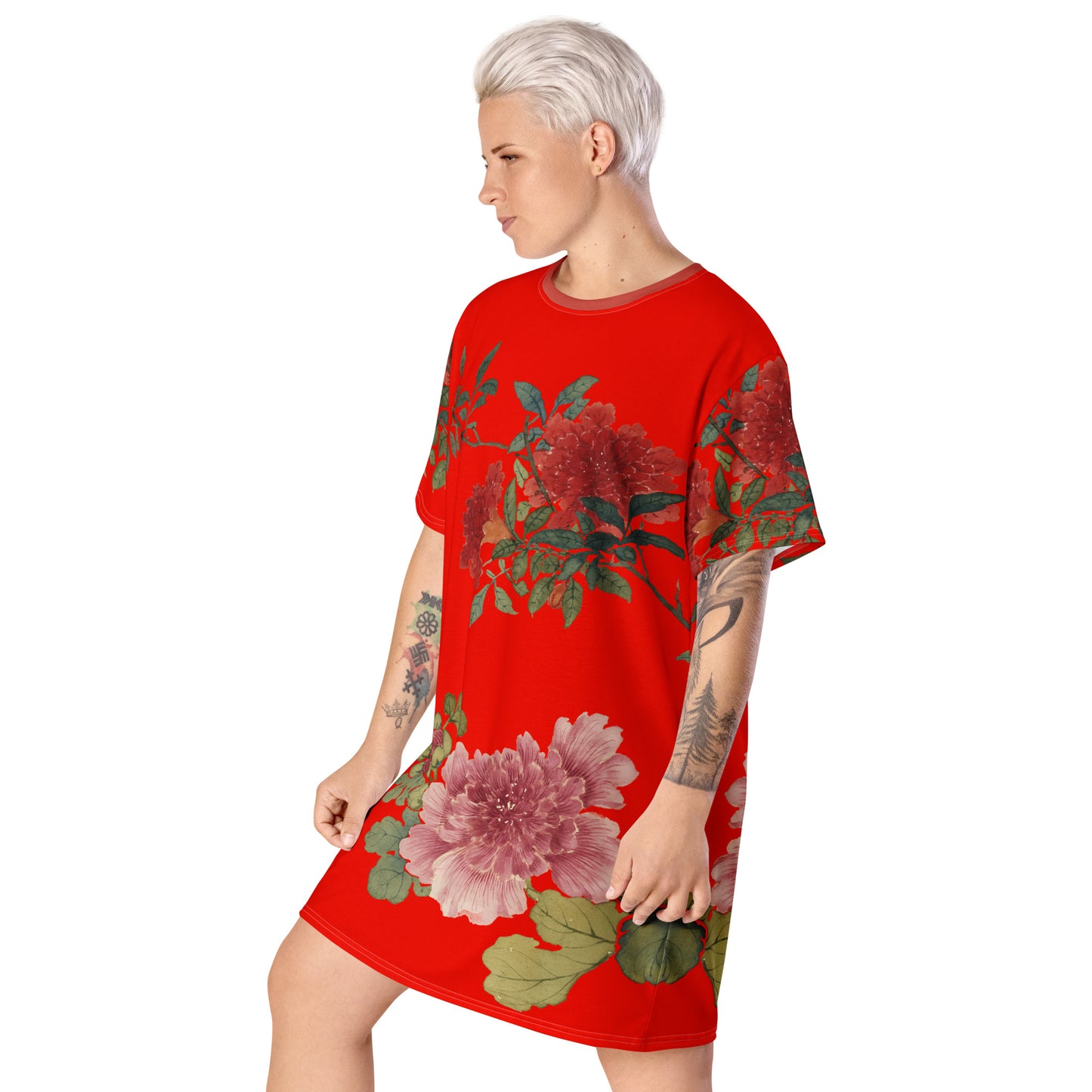 The Spirit of Flowers in Twelve Months｜Hollyhock and Pomegranate in Bloom｜T-shirt dress｜Garnet red