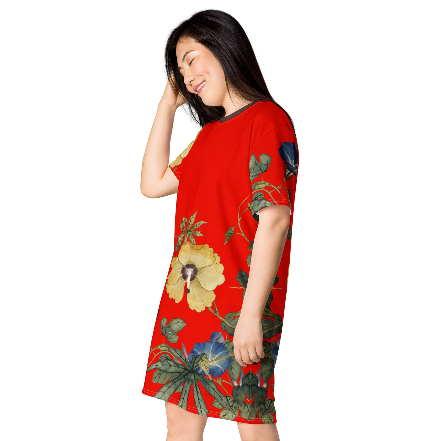 The Spirit of Flowers in Twelve Months｜Okra and White-edged Morning Glory in Bloom｜T-shirt dress｜Garnet red