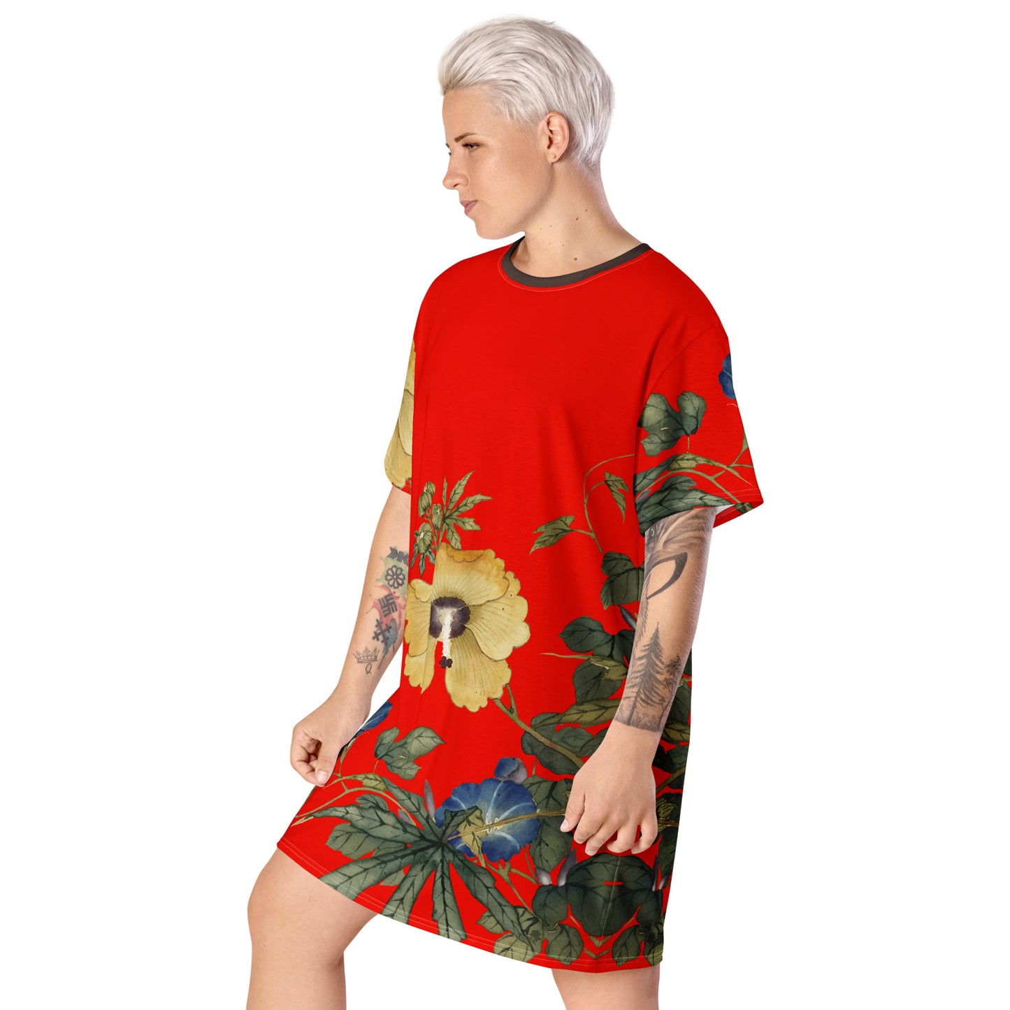 The Spirit of Flowers in Twelve Months｜Okra and White-edged Morning Glory in Bloom｜T-shirt dress｜Garnet red