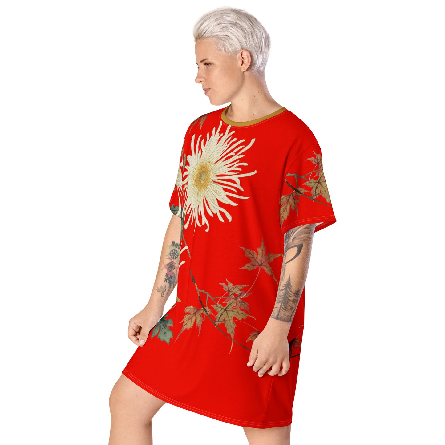 The Spirit of Flowers in Twelve Months｜Blooming Chrysanthemum and Maple Leaves｜T-shirt dress｜Garnet red