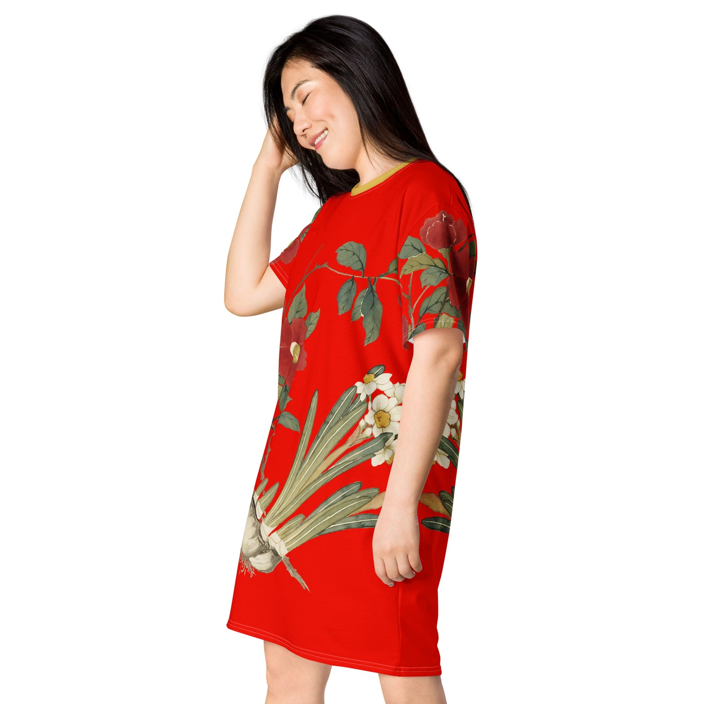 The Spirit of Flowers in Twelve Months｜Narcissus and Camelia in Bloom｜T-shirt dress｜Garnet red