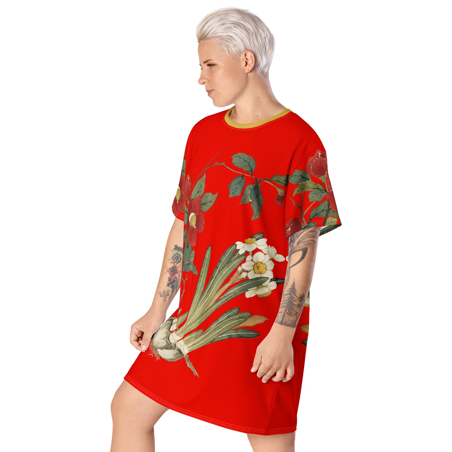 The Spirit of Flowers in Twelve Months｜Narcissus and Camelia in Bloom｜T-shirt dress｜Garnet red